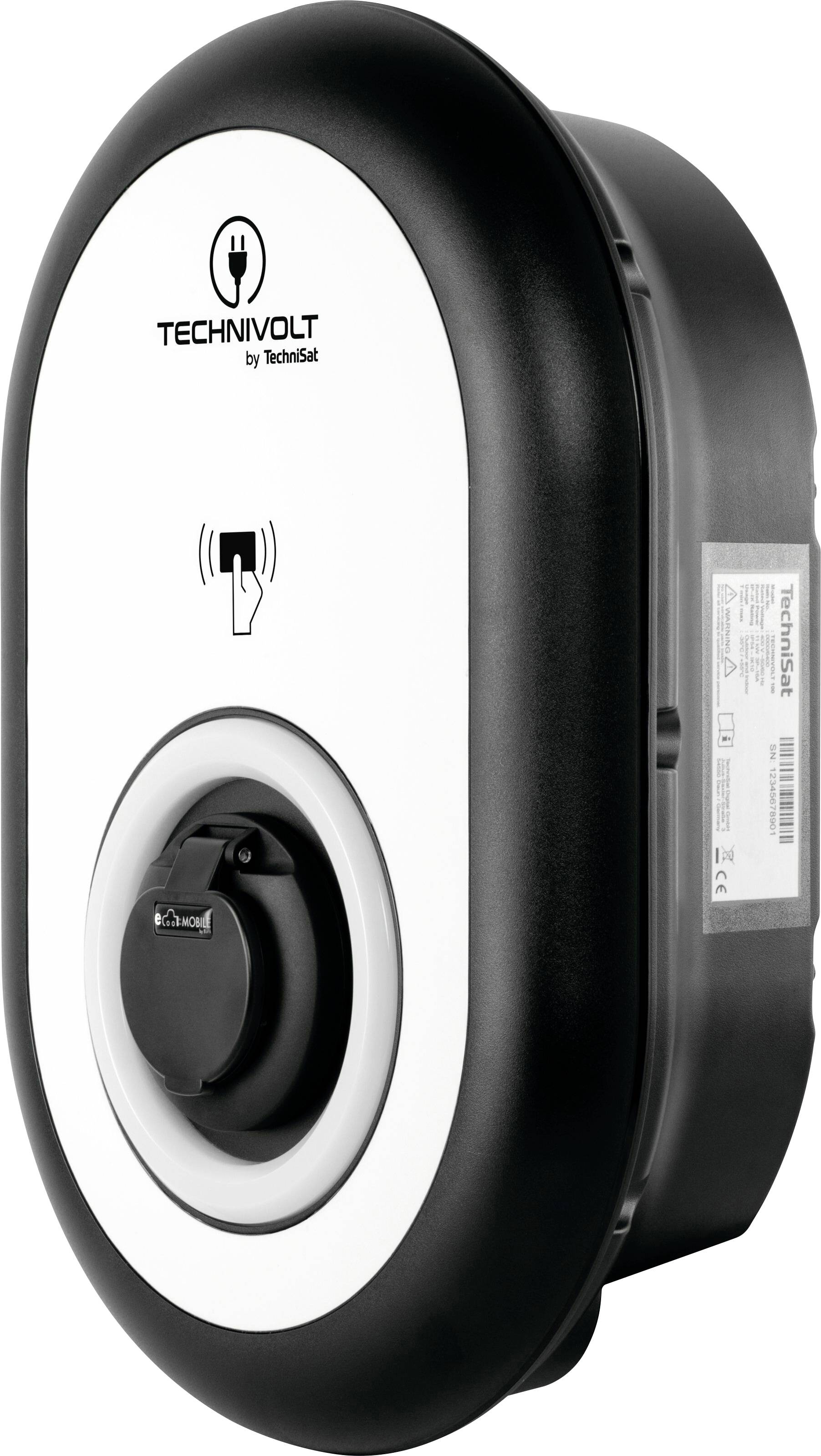 Ladesäule für Elektrofahrzeuge mit TECHNIVOLT-Logo und RFID-Symbol in Schwarz-Weiß. Ovales Design mit Steckdose und Kabeleinlass.