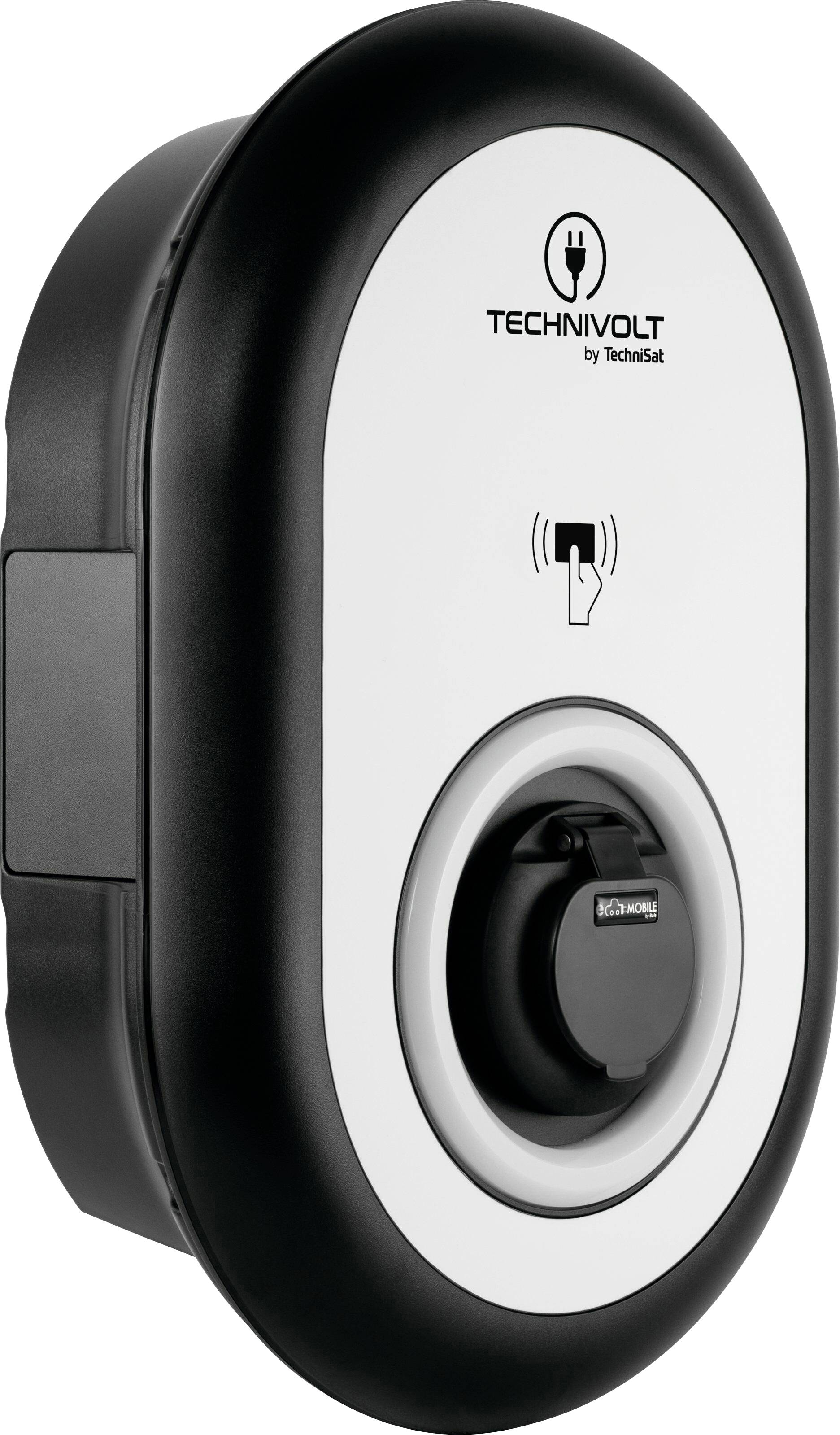 Elektroautoladegerät mit Logo 'TECHNIVOLT' und Touch-Symbol auf der Vorderseite. Schwarz-weißes, wandmontiertes Design.