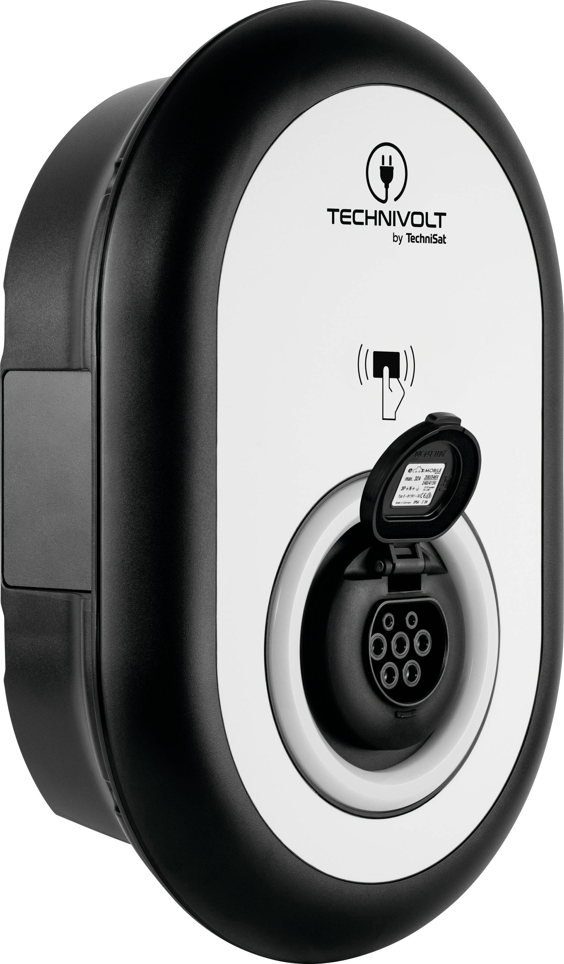 Elektroladestation mit schwarzem und weißem Gehäuse. Logo 'TECHNIVOLT by TechniSat' oben, darunter NFC-Symbol und Steckdose mit Abdeckung.