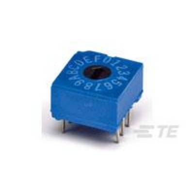 Ein blauer Drehschalter mit Beschriftungen von A bis F und 0 bis 9. Er besitzt mehrere Metallpins zum Einbau in elektronische Schaltungen.