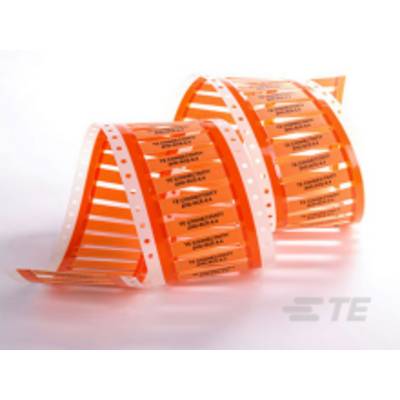Ein orange und weiß gestreiftes Kunststoffarmband mit perforierten Kanten, gekrümmt in einer Schleifenform.