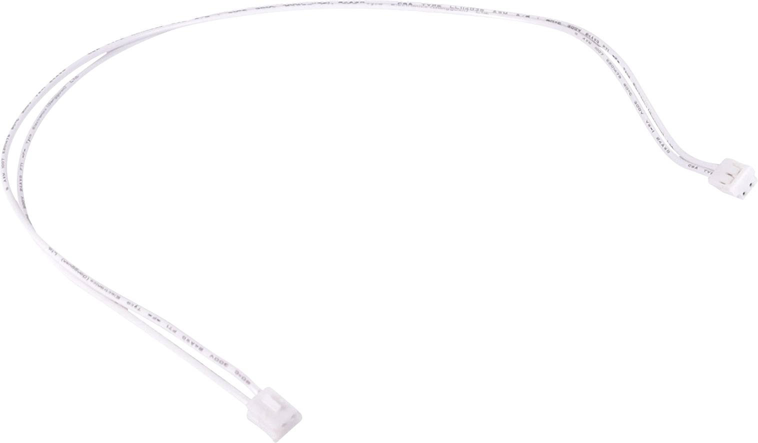 Ein weißes Verbindungskabel mit zwei Steckverbindern an jedem Ende, das für elektronische Geräte verwendet wird, gezeigt auf einem einfarbigen Hintergrund.