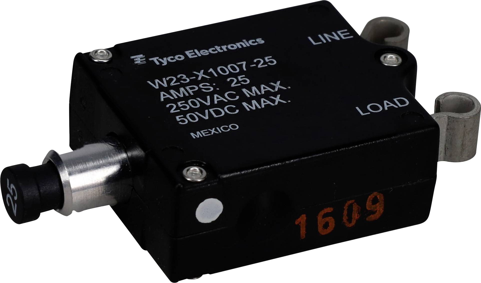 'Tyco Electronics Schalter W23-X1007-25: 25 A, 250 VAC, 50 VDC, Hauptgehäuse schwarz mit Metallstiften, gekennzeichnet mit LINE und LOAD.'