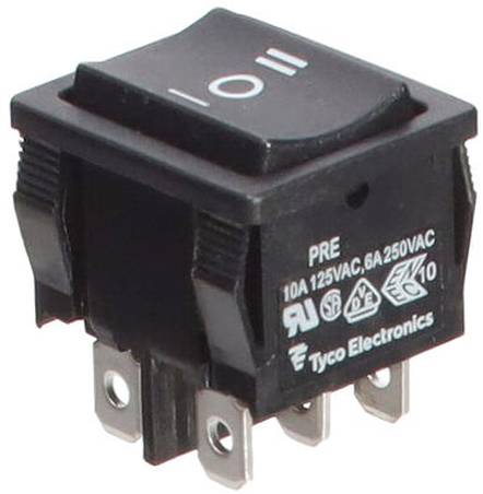 Ein schwarzer Wippschalter mit der Beschriftung „ON" und „OFF", für elektronische Geräte ausgelegt, zeigt folgende Spezifikationen: 10A 125VAC, 6A 250VAC, von Tyco Electronics.