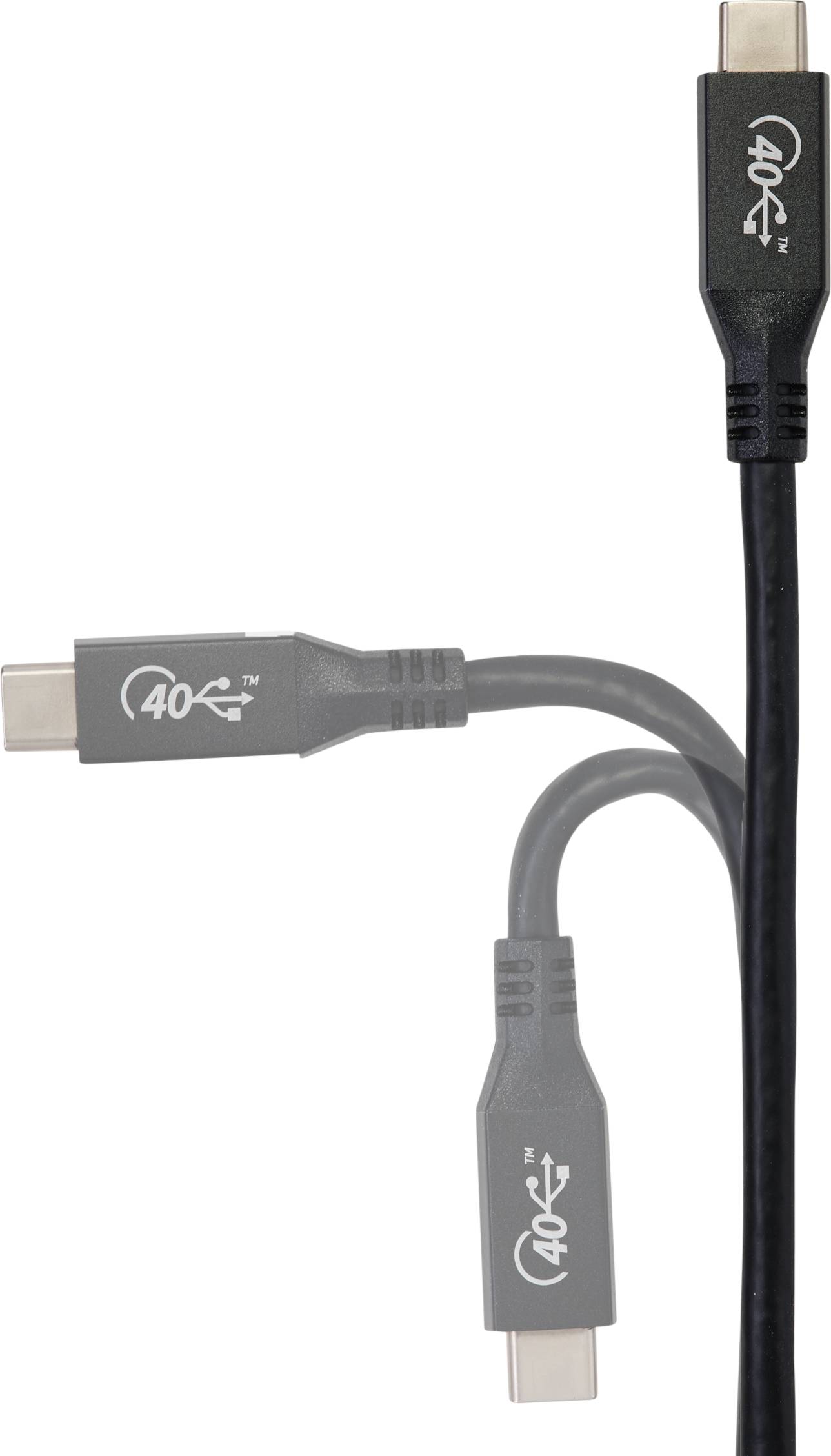 'Drei USB-C-Kabel mit 40 Gbps-Logo, das obere vertikal, die unteren zwei horizontal, zeigen verschiedene Anschlussrichtungen.'