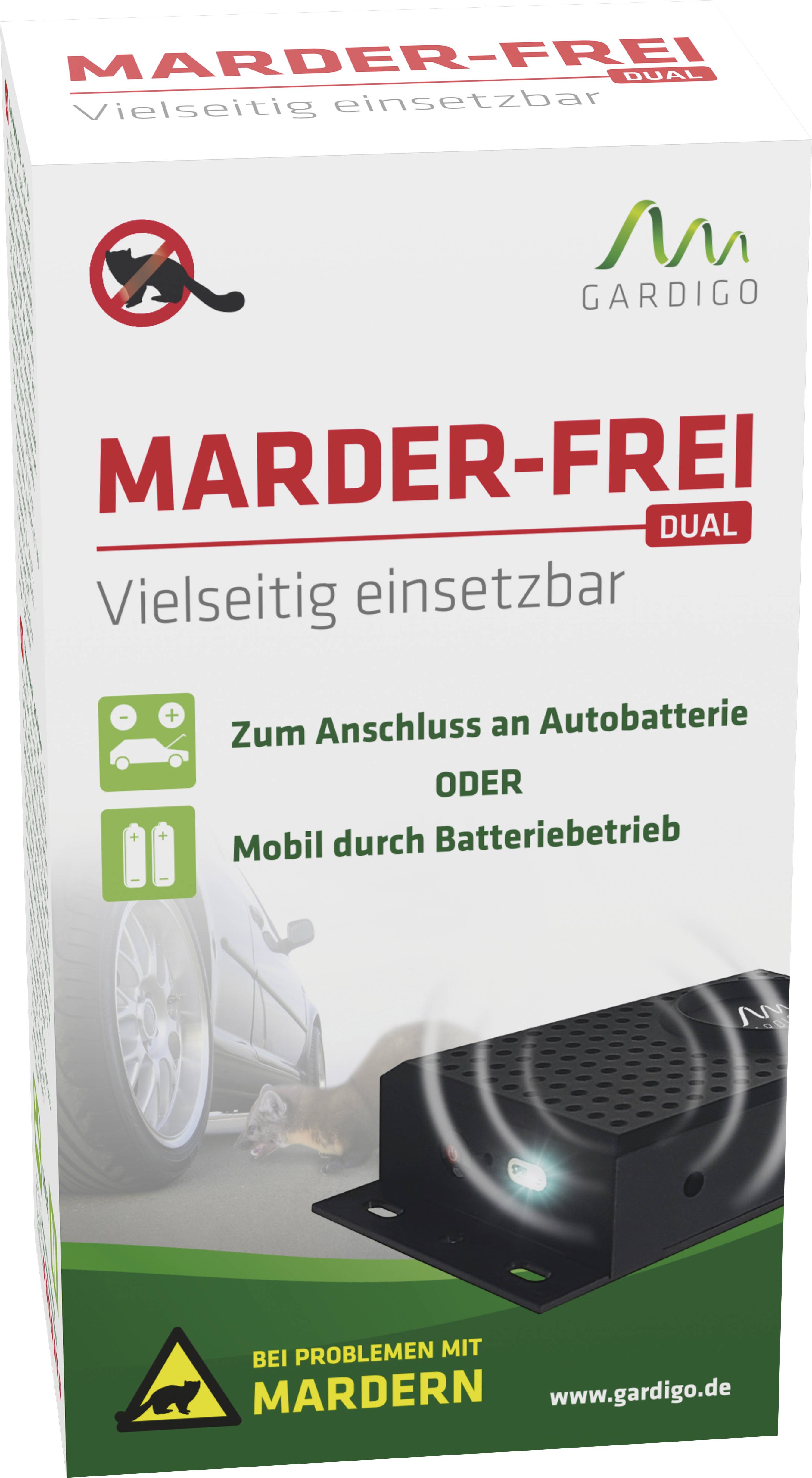 Verpackung eines Marder-Abwehrgeräts. Text: 'Marder-Frei', 'Vielseitig einsetzbar', 'Zum Anschluss an Autobatterie oder mobil durch Batteriebetrieb'. Bild eines Autos und des Geräts.