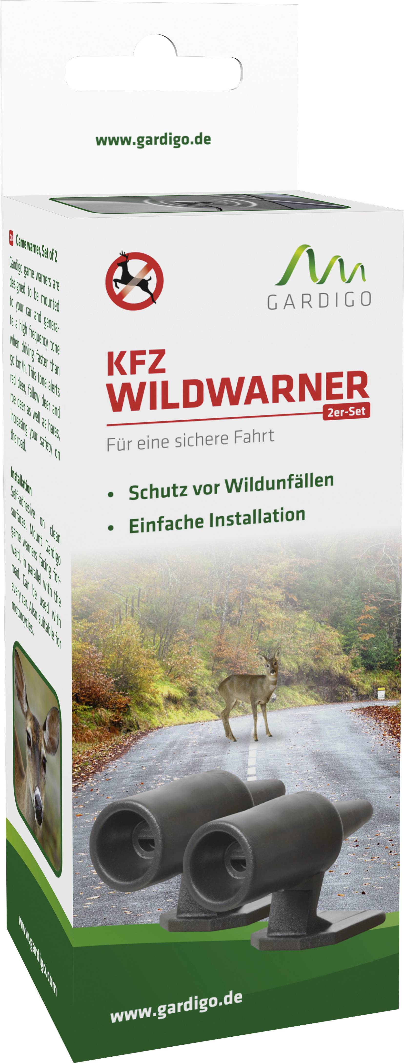 Verpackung eines KFZ-Wildwarners von Gardigo. Enthält zwei Geräte. Verspricht Schutz vor Wildunfällen und einfache Installation.