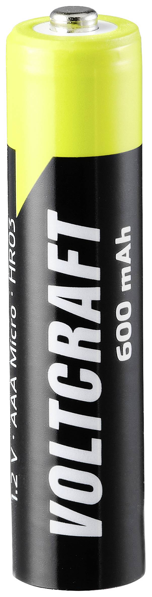 Eine gelbe und schwarze AAA-Batterie der Marke Voltcraft mit 600 mAh und 1,2 V, stehend abgebildet.