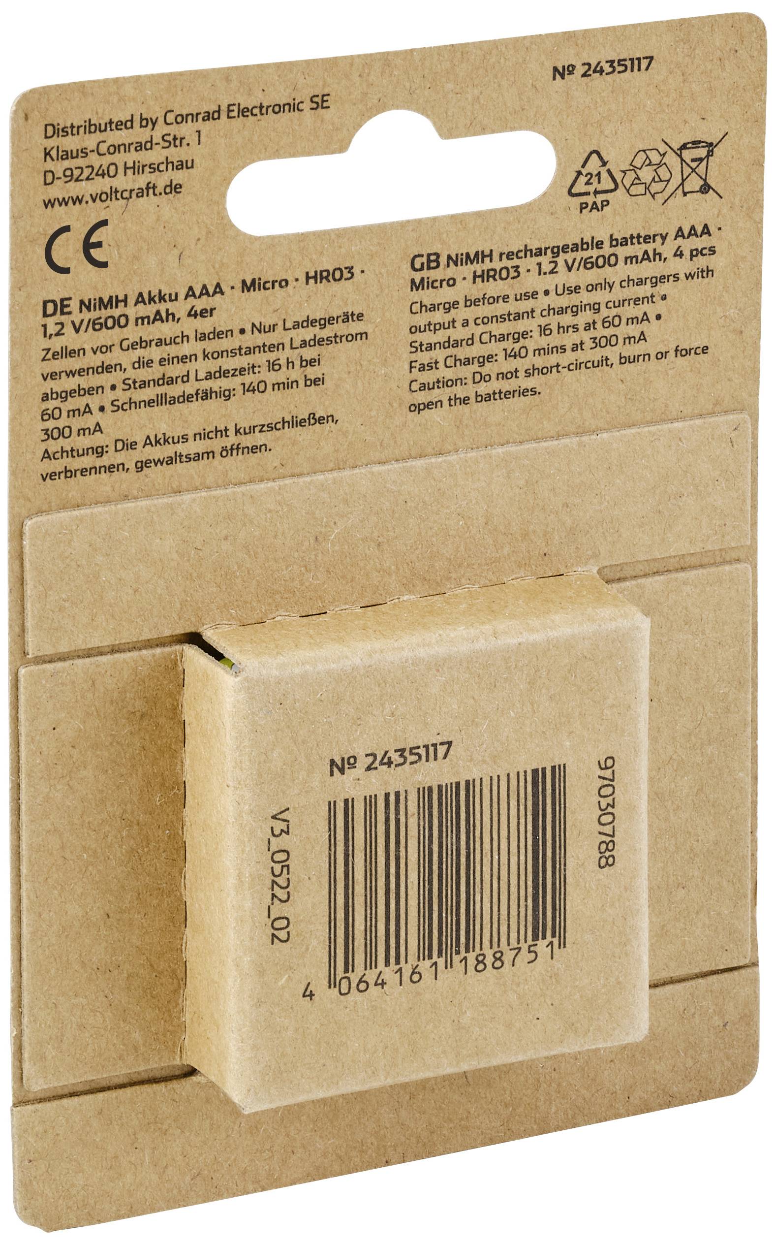 Verpackungsrückseite eines wiederaufladbaren AAA NiMH-Micro-Akkus mit technischen Details, Kontaktadressen und Barcode.