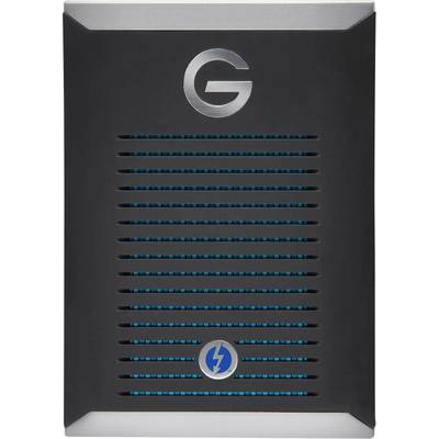 Externes Festplattenlaufwerk mit silbernem Gehäuse, Lüftungsschlitzen vorne und Thunderbolt-Anschluss.