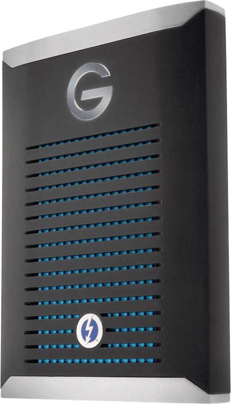 Externes Speichergerät in rechteckiger Form mit schwarzem Gehäuse und G-Symbol oben, unterhalb Lüftungsschlitze mit blauem Hintergrund.