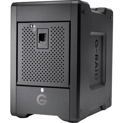Schwarzes G-RAID-Speichergerät mit perforierter Front und Markenlogo. Designed für Datenmanagement und Backup in professionellen Umgebungen.