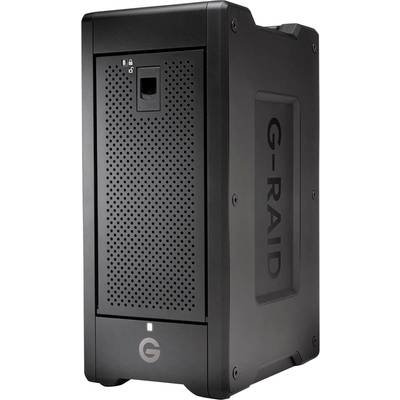 Externes Festplattengehäuse mit dem Schriftzug 'G-RAID' an der Seite. Schwarzes, robustes Design mit Schließmechanismus an der Vorderseite.