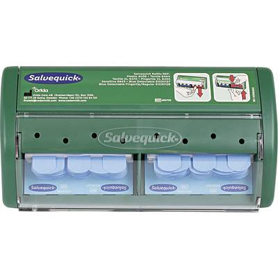 Grüner Salvequick Pflasterspender mit zwei Fächern. Jedes Fach ist mit blauen Pflasterstreifen der Marke Salvequick gefüllt.