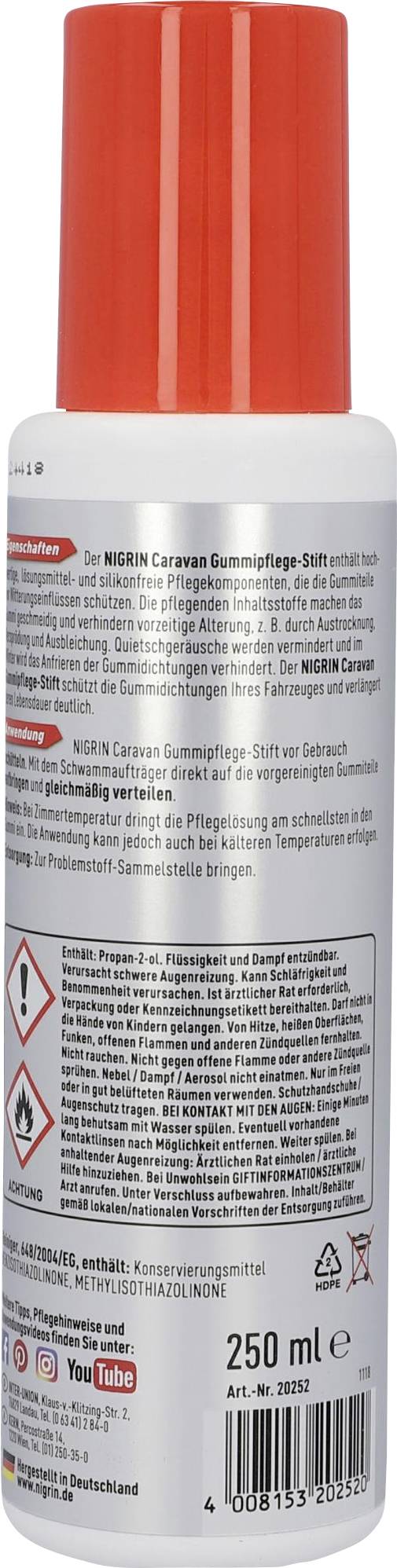 Rückseite einer Sprayflasche mit rotem Deckel. Das Etikett zeigt Warnhinweise und Gebrauchsanleitung auf Deutsch für Gummipflege. 250 ml.