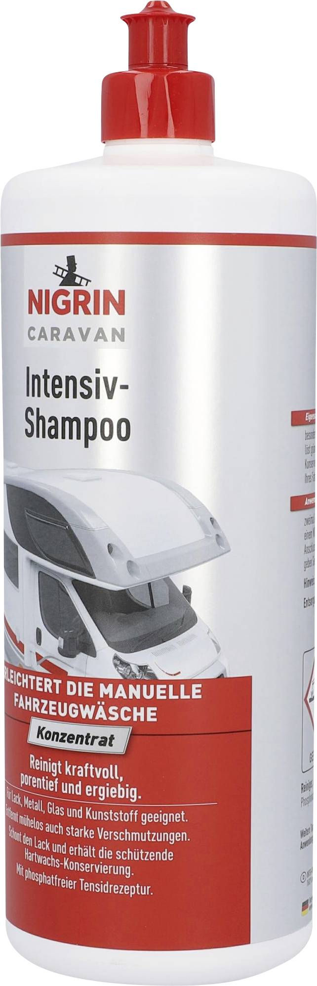 Flasche Nigrin Caravan Intensiv-Shampoo, verstärkt manuelle Fahrzeugwäsche. Text betont kraftvolle Reinigung, lackschonend, ohne Zusatzstoffe.