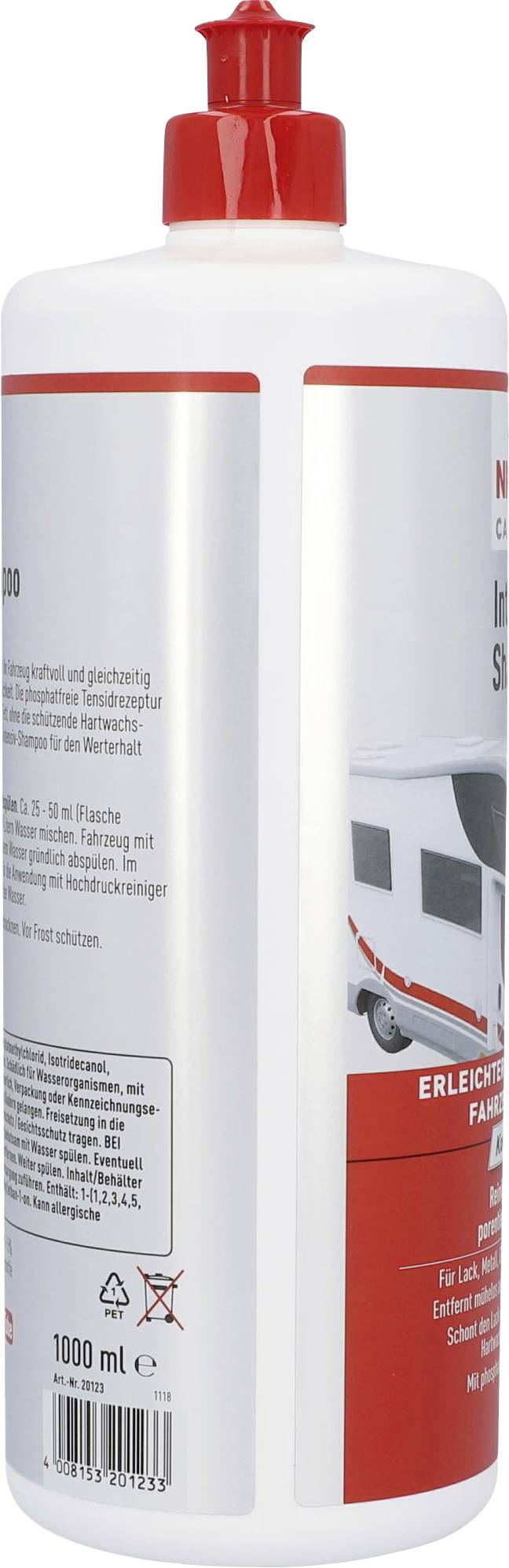 Plastikflasche mit rotem Verschluss, enthält 1000 ml Reinigungsmittel. Etikett zeigt ein Wohnmobil und empfiehlt Anwendung für Außenflächen.