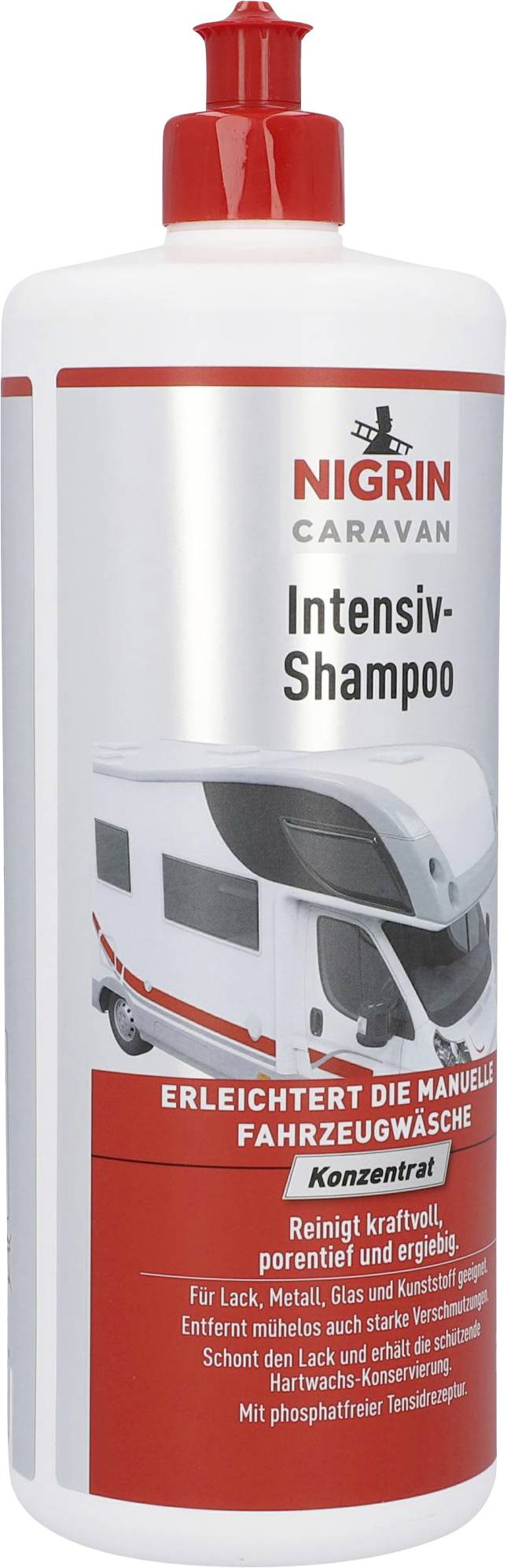 Flasche mit Nigrin Caravan Intensiv-Shampoo, geeignet für Lack, Metall, Glas und Kunststoff. Entfernung von Schmutz ohne schädliche Stoffe.