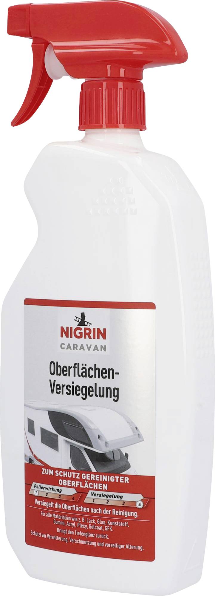 Sprühflasche mit rotem Griff, etikettiert mit 'Nigrin Caravan Oberflächen-Versiegelung'. Grafisches Wohnmobil-Bild darunter.