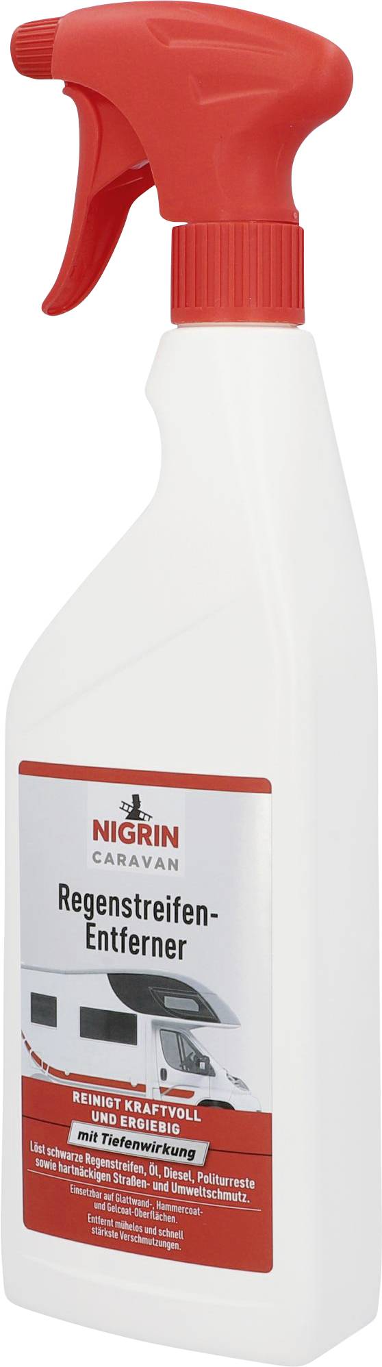 Nigrin Caravan Regenstreifen-Entferner in einer weißen Sprühflasche mit rotem Sprühkopf. Entfernt Regenstreifen und reinigt tiefenwirksam.