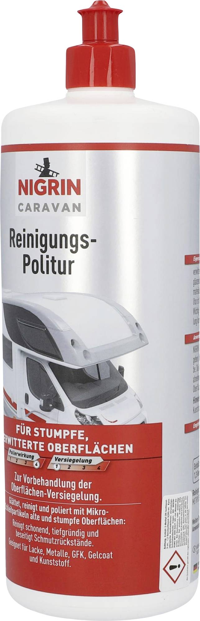 'Flasche der Nigrin Caravan Reinigungspolitur, geeignet für stumpfe, verwitterte Oberflächen. Enthält 750 ml, mit rotem Verschluss.'
