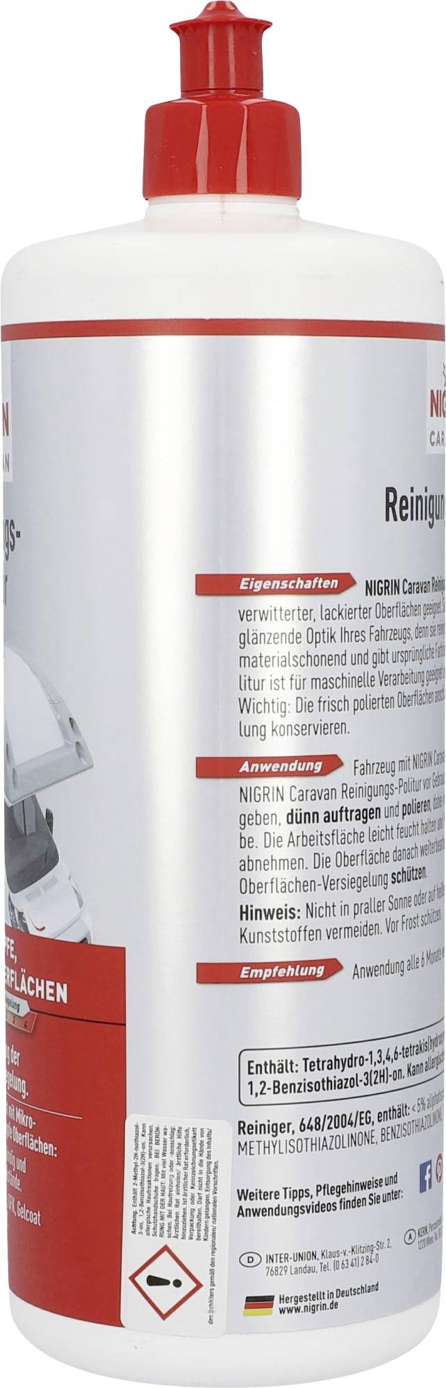 Flasche mit Reinigungsmittel für Autos, roter Verschluss. Enthält Anwendungshinweise und Warnhinweise auf der Rückseite der Verpackung.