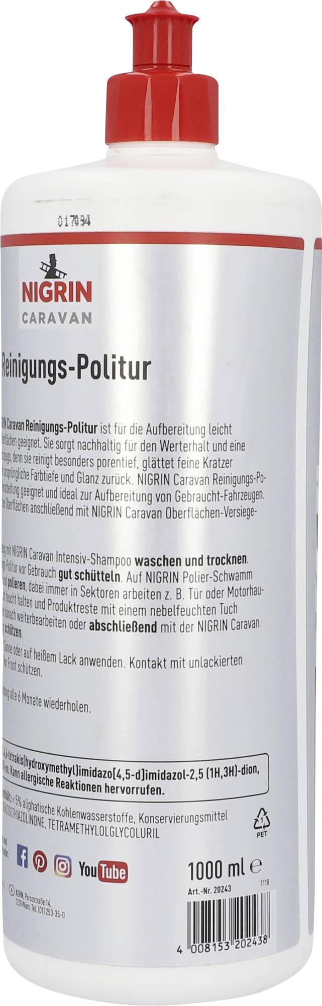 'Flasche Nigrin Caravan Reinigungs-Politur, 1000 ml, mit rotem Verschluss. Geeignet für Lackpflege und Oberflächenschutz.'