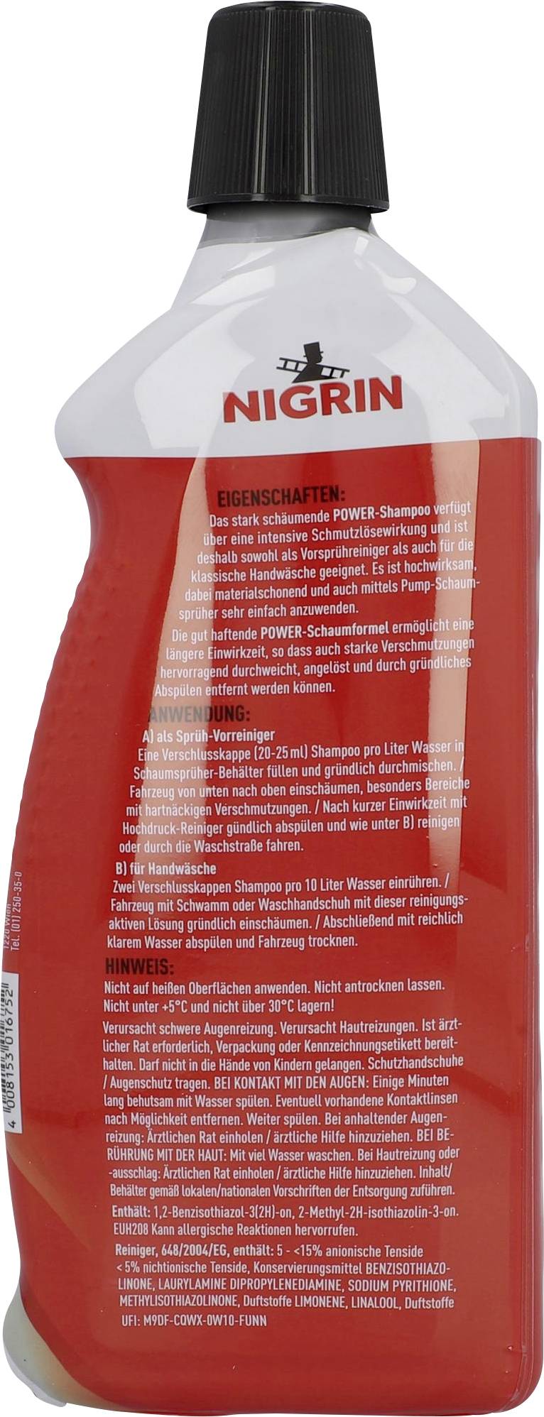 Eine rote Nigrin-Flasche mit Verschluss. Enthält Angaben zu Eigenschaften und Anwendungshinweisen eines Autoreinigungsprodukts.