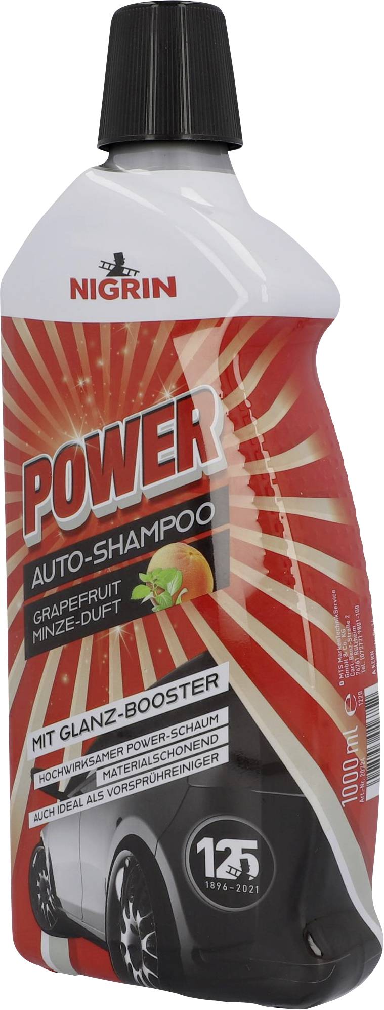 'Flasche Nigrin Power Auto-Shampoo mit Grapefruit-Minze-Duft, Glanz-Booster, geeignet für Hochdruckreiniger, 1000 ml.'