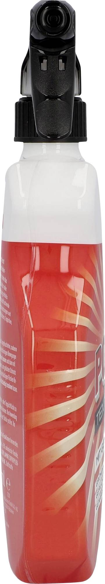 Rote Sprühflasche mit schwarzem Sprühkopf, vermutlich für Haar- oder Körperpflegeprodukte. Die Flasche hat ein strahlenförmiges Design.