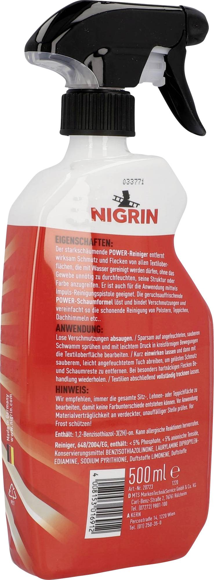 Eine rote Sprühflasche mit schwarzem Sprühkopf enthält ein Nigrin-Reinigungsprodukt. Text auf der Flasche beschreibt Anwendung und Eigenschaften.