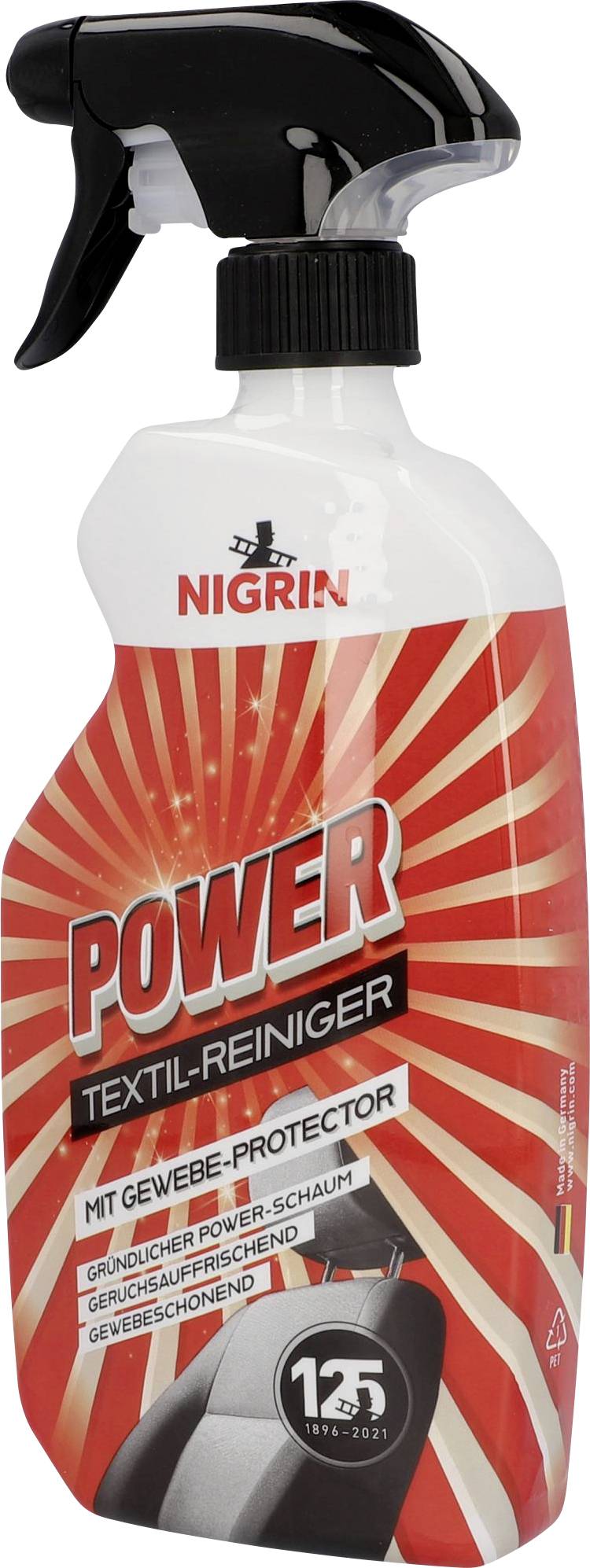 'Sprühflasche Nigrin Power Textil-Reiniger, reinigt Gewebe gründlich, mit Power-Schaum, 125 Jahre Jubiläum, rotes Etikett.'