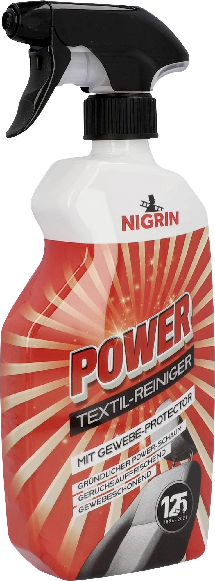 Flasche eines Textilreinigers mit Sprühkopf, Marke Nigrin. Etikett in Rot mit Schrift 'Power Textil-Reiniger' und 'Mit Gewebe-Protector'.