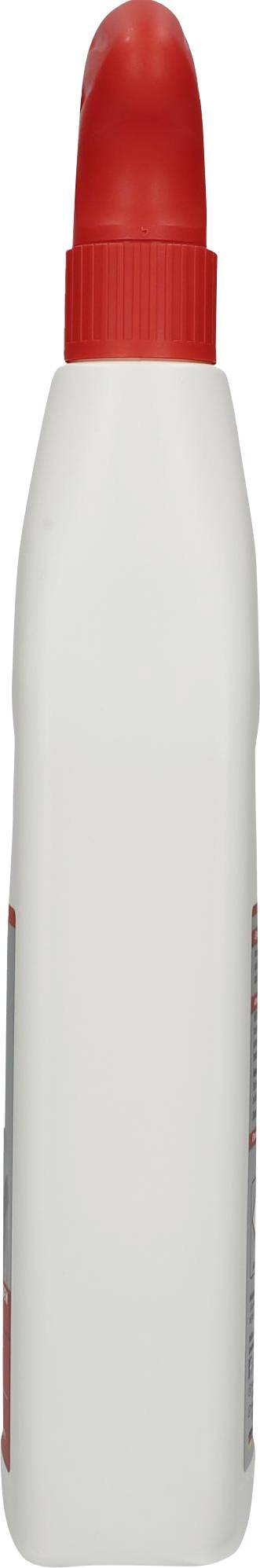 Eine weiße Flasche mit rotem Deckel, senkrecht stehend, vermutlich für Flüssigkeit oder Creme.