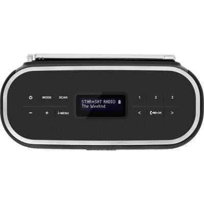 Ein Radio mit digitalem Display zeigt den Sender 'STAR*SAT RADIO' und den aktuellen Song 'The Weeknd'. Tasten zur Senderauswahl und Lautstärkeregelung vorhanden.