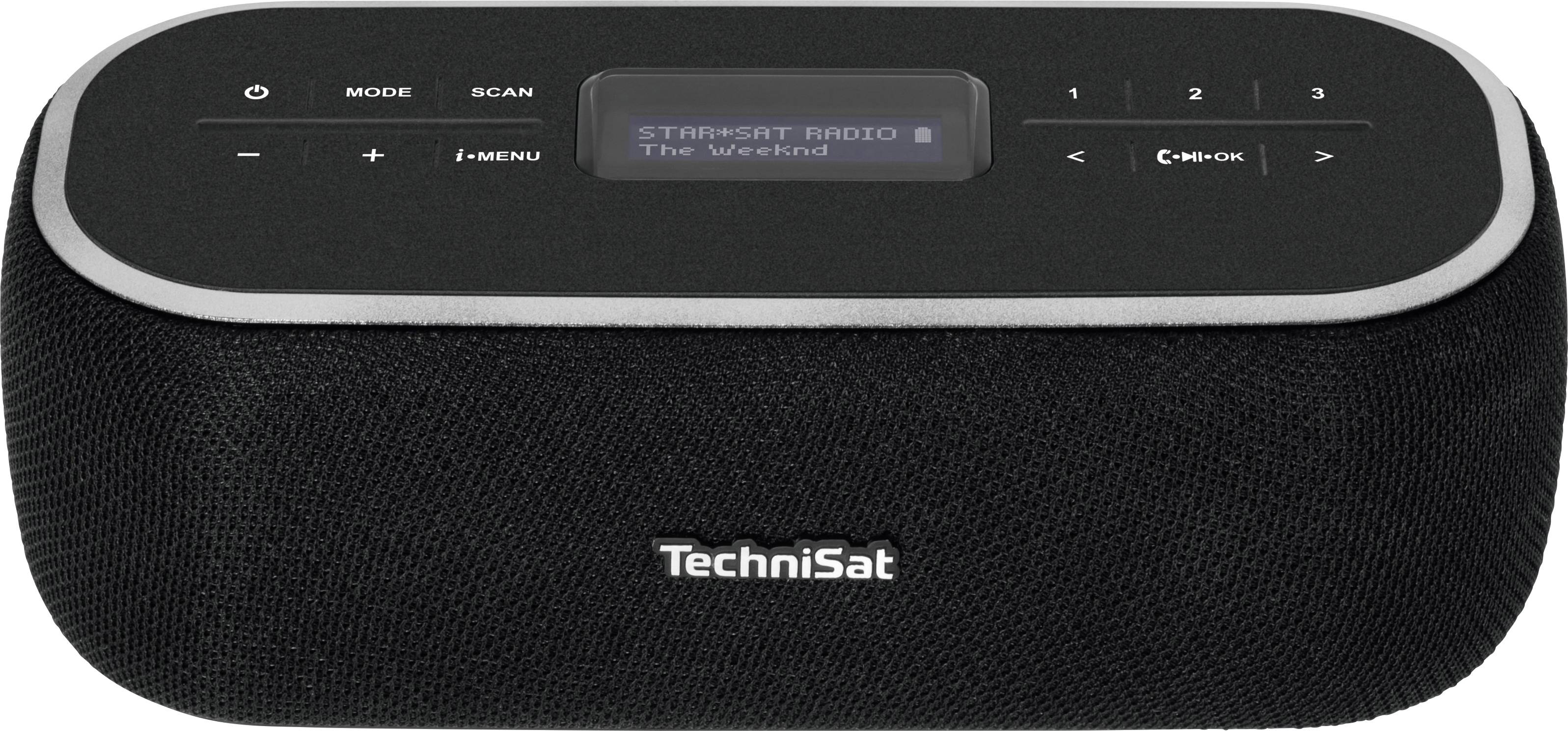 Schwarzes tragbares Radio mit Displayanzeige zeigt 'STAR*SAT RADIO - The Weeknd'. Tasten für Modus, Scan und Menünavigation.