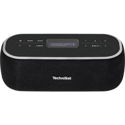Schwarzes tragbares Radio mit Displayanzeige zeigt 'STAR*SAT RADIO - The Weeknd'. Tasten für Modus, Scan und Menünavigation.