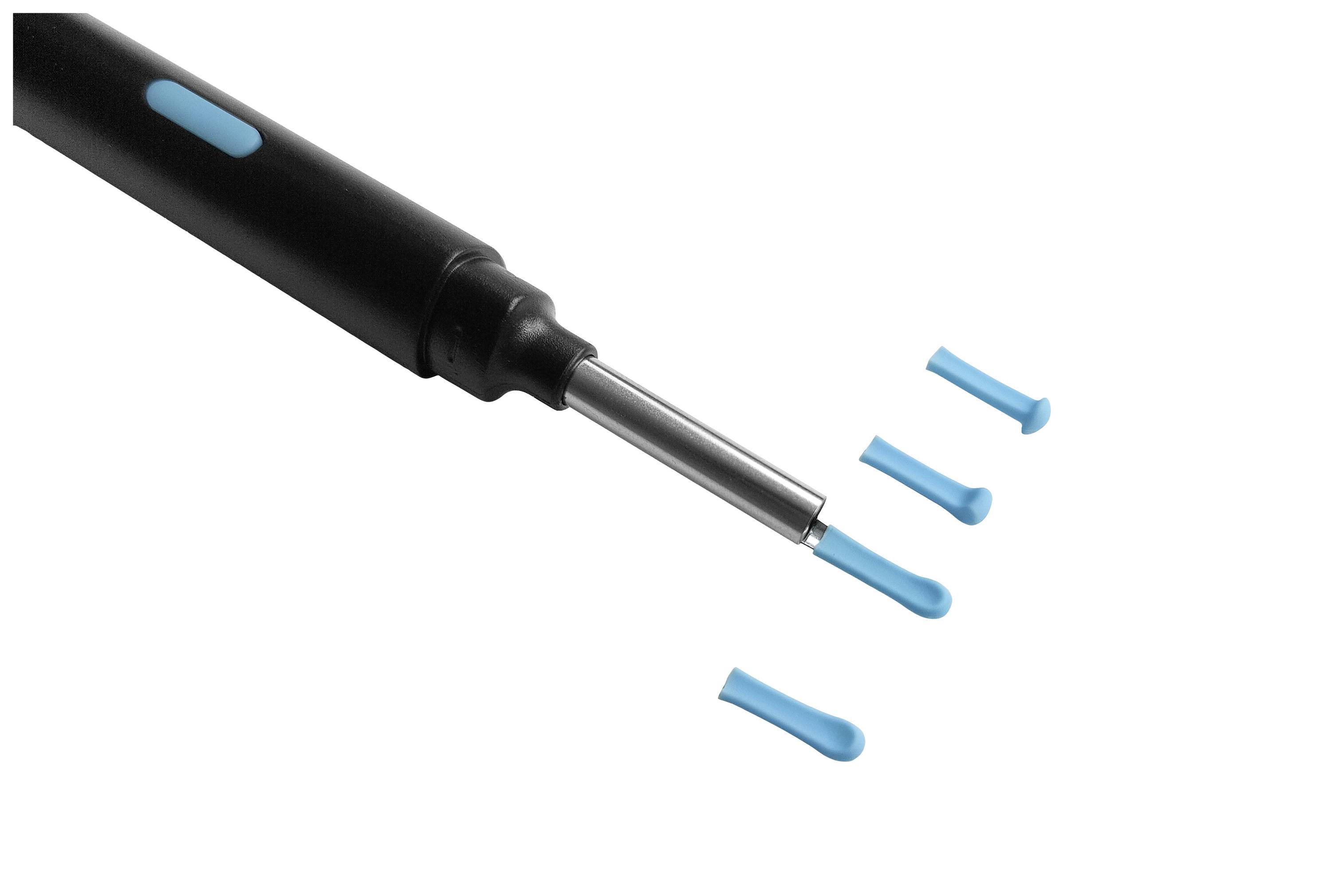 Schwarzer Werkzeuggriff mit Metallspitze, drei blaue Kappen daneben, möglicherweise Abdeckungen oder Ersatzspitzen.