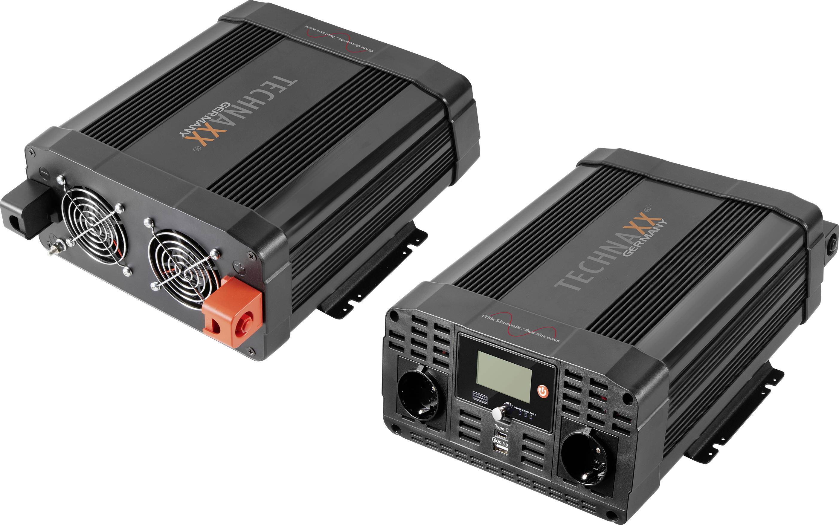Zwei schwarze Spannungswandler mit Lüftern und Anschlussklemmen. Der vordere hat ein Display und Bedienelemente.