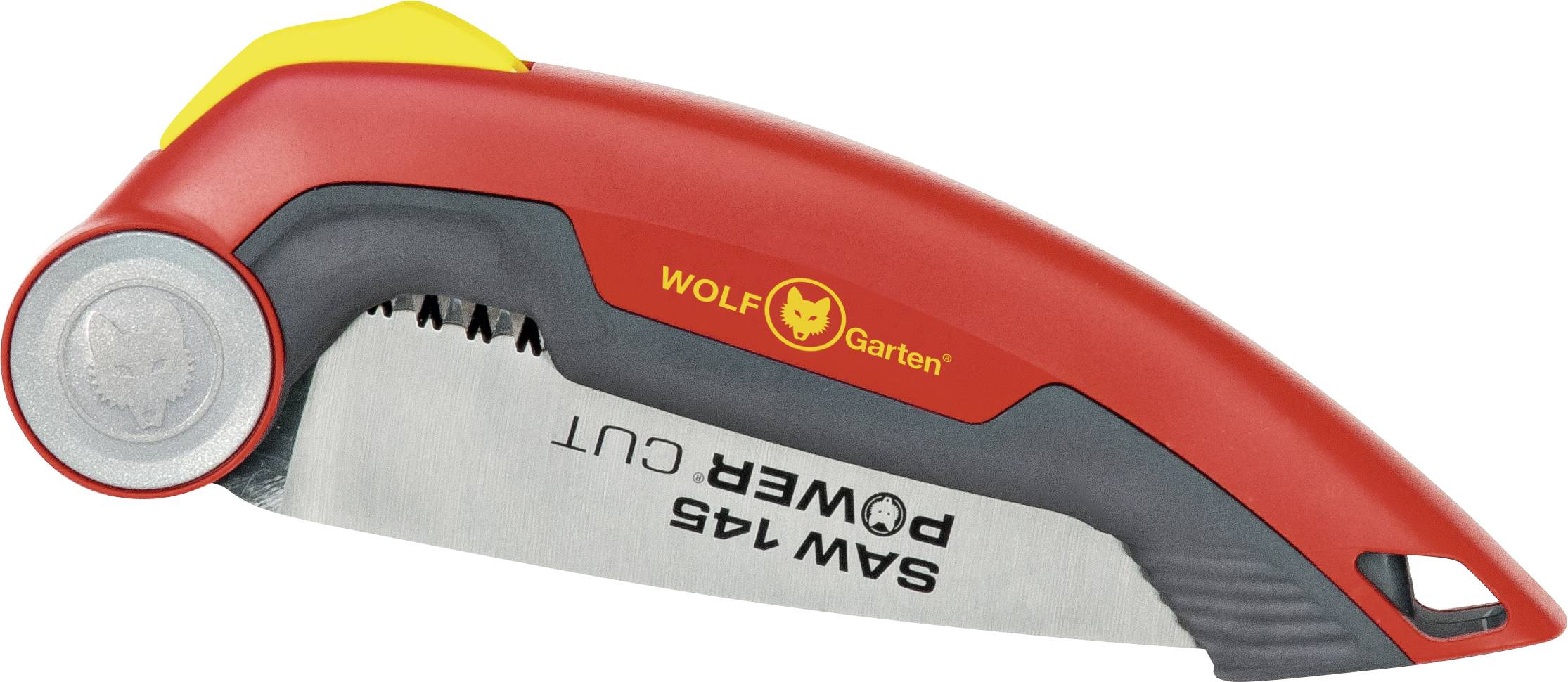 Klappbare Hand-Gartensäge mit rotem, ergonomischem Griff, gelben Details und Schriftzug 'WOLF-Garten' auf der Klinge.