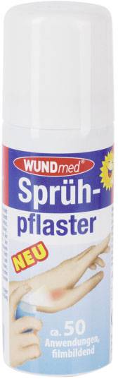 Sprühpflaster-Flasche von WUNDmed, zeigt Hände bei der Anwendung. Aufschrift: 'NEU', ca. 50 Anwendungen, filmbildend.