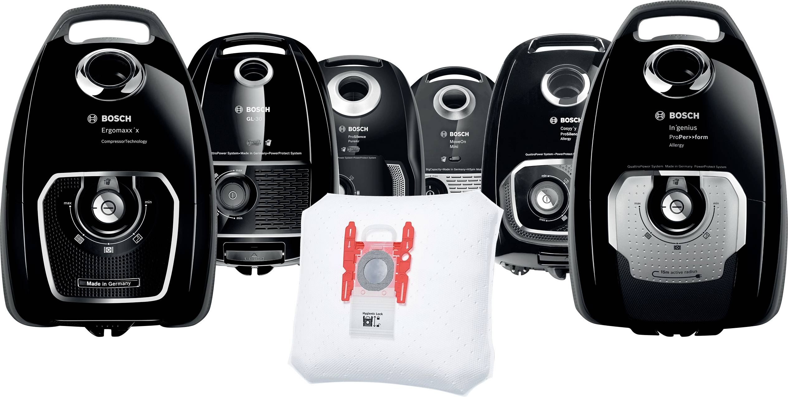 Mehrere Bosch-Staubsauger in Schwarz stehen nebeneinander, zentral eine Staubsaugertüte.