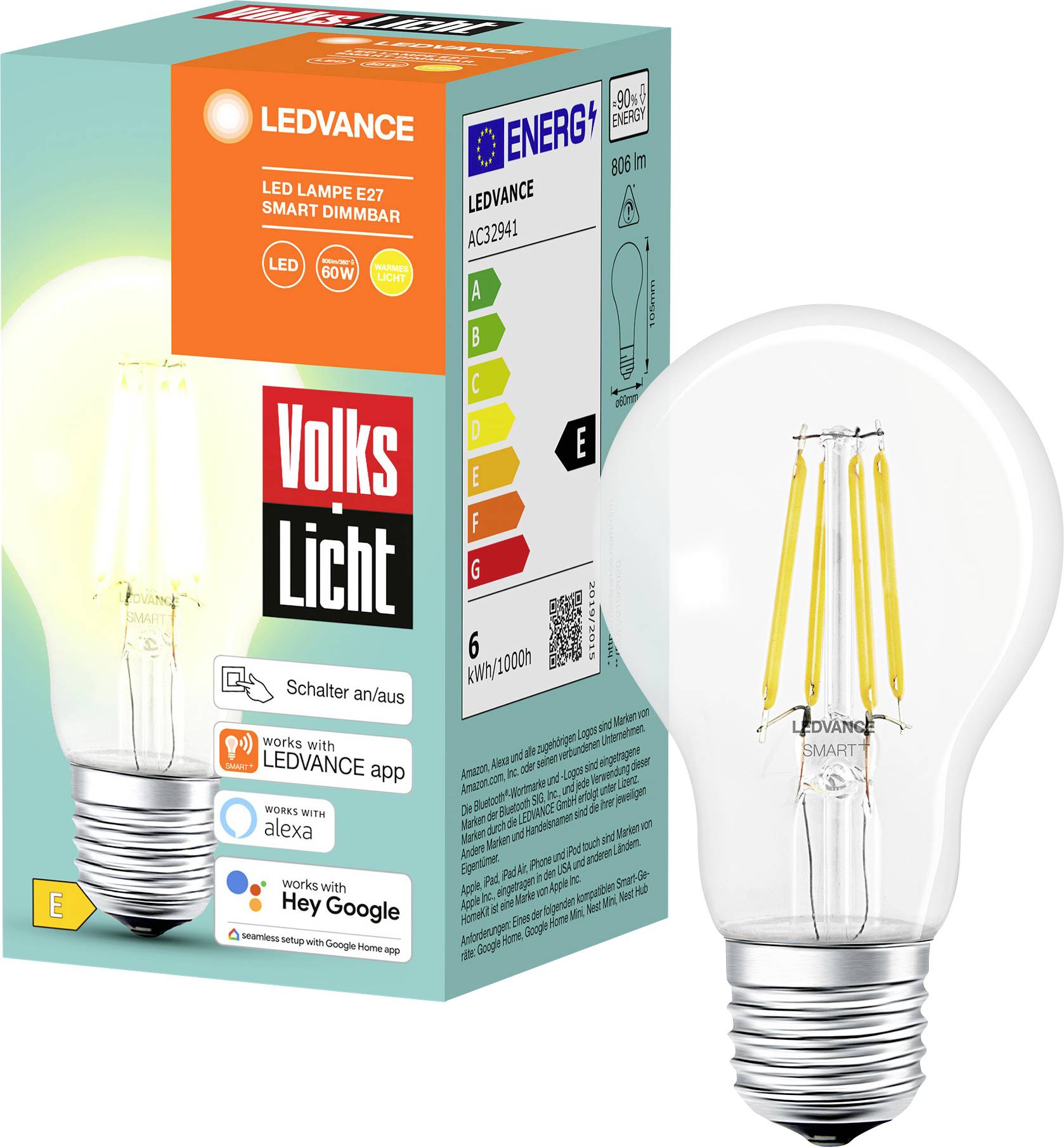 LEDVANCE SMARTBTA60D6W/8 Classic Dimmable Volkslicht 806lm