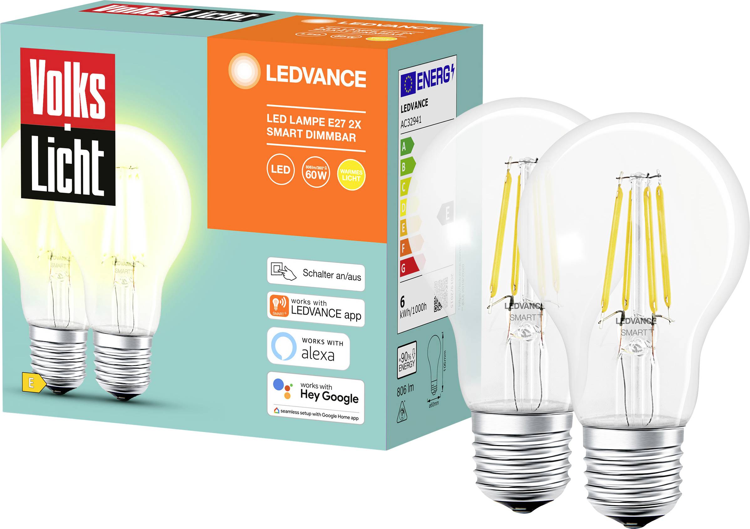 LEDVANCE SMART+ EEK: E (A - G) AC32941 - 2er SMART+ BT FILAMENT CLASSIC DIMMABLE CLA60 E27 6 W