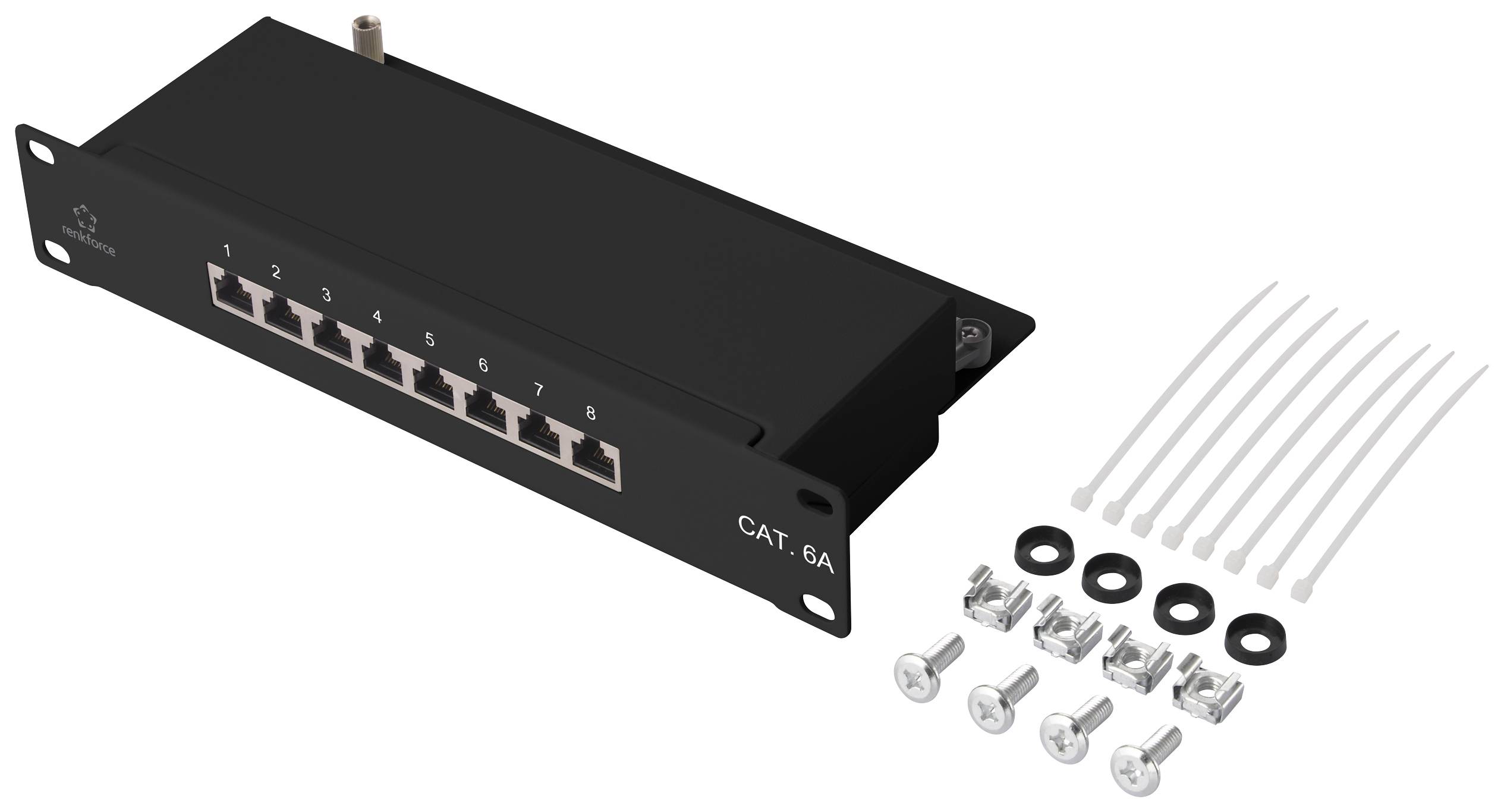 Ein schwarzes Netzwerk-Patchpanel mit acht Ethernet-Ports, beschriftet von 1 bis 8. Daneben Schrauben, Dichtungen und Kabelbinder.