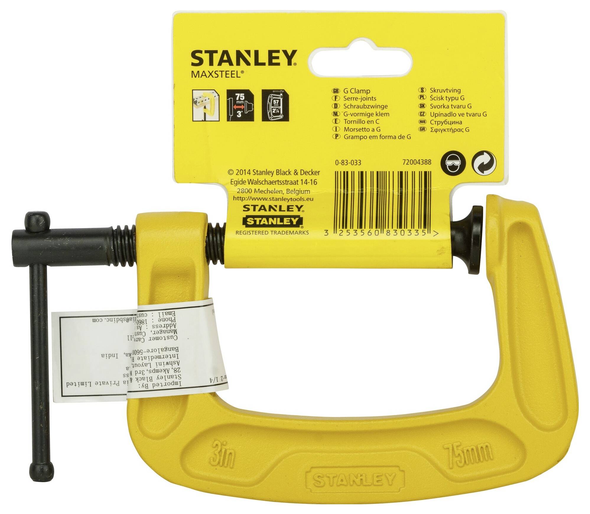 Eine gelbe Schraubzwinge der Marke Stanley, geeignet für Werkstücke bis 75 mm (3 Zoll). Verpackung mit Produktinformationen oben.