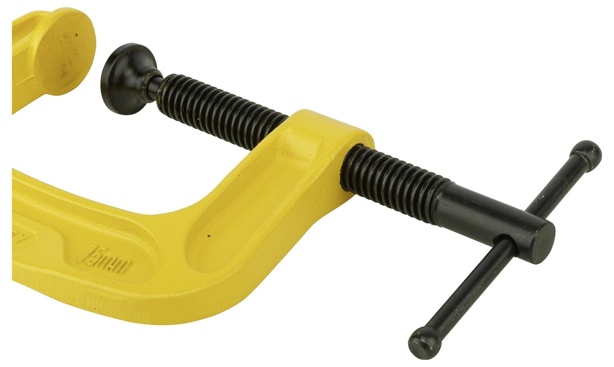 Ein gelber Schraubzwinge mit schwarzer Spindel zum Fixieren von Gegenständen.