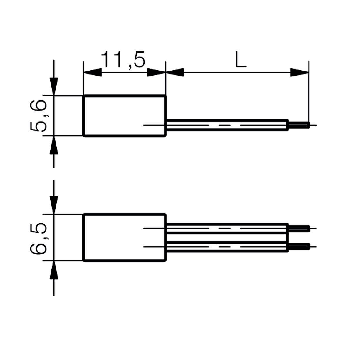 Diagramm zweier zylindrischer Objekte, je 5,6 mm und 6,5 mm hoch, mit Drähten. Länge 'L' und Breite 11,5 mm sind angegeben.