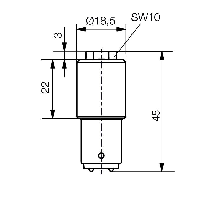 Technische Zeichnung: Zylinderförmiges Bauteil, 45 mm hoch, Durchmesser 18,5 mm, Sechskant SW10, Höhenmaße 3 mm und 22 mm markiert.