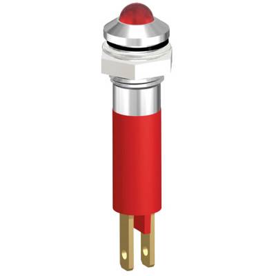 Ein roter LED-Drucktaster mit einer runden, durchsichtigen Kappe und zwei goldenen Anschlussstiften am unteren Ende.
